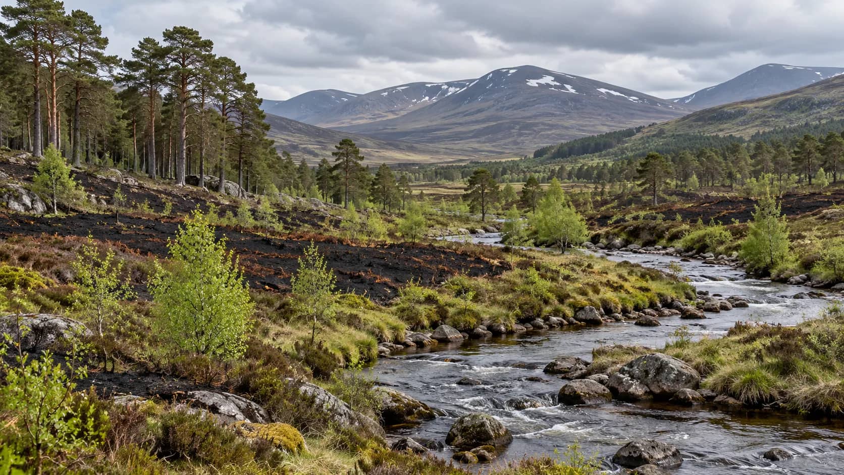 Illustrative Scottish Highland stream beside patches of scorched ground, green vegetation and pine woodland.