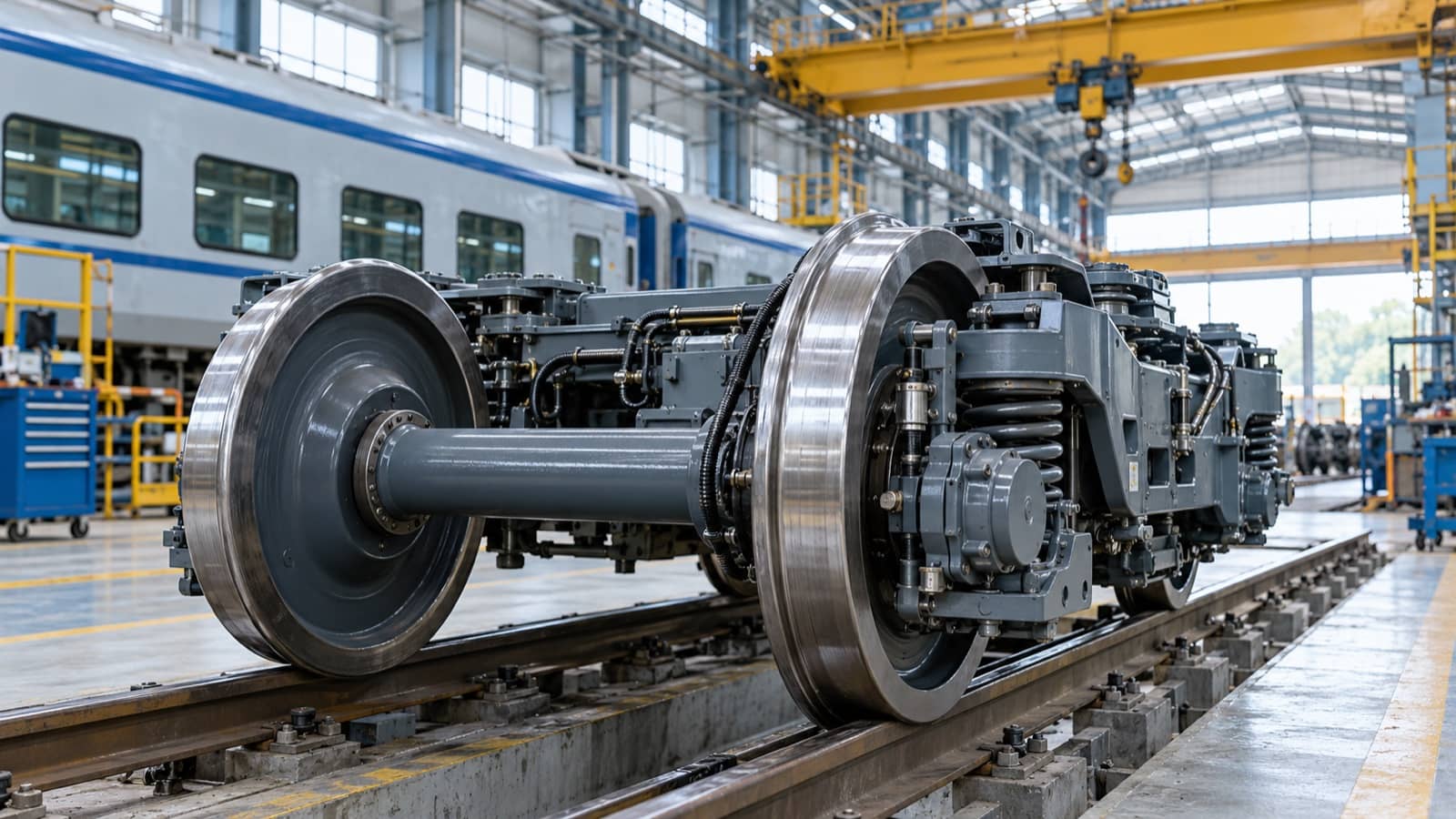 A passenger-train wheelset inside a generic railway maintenance workshop