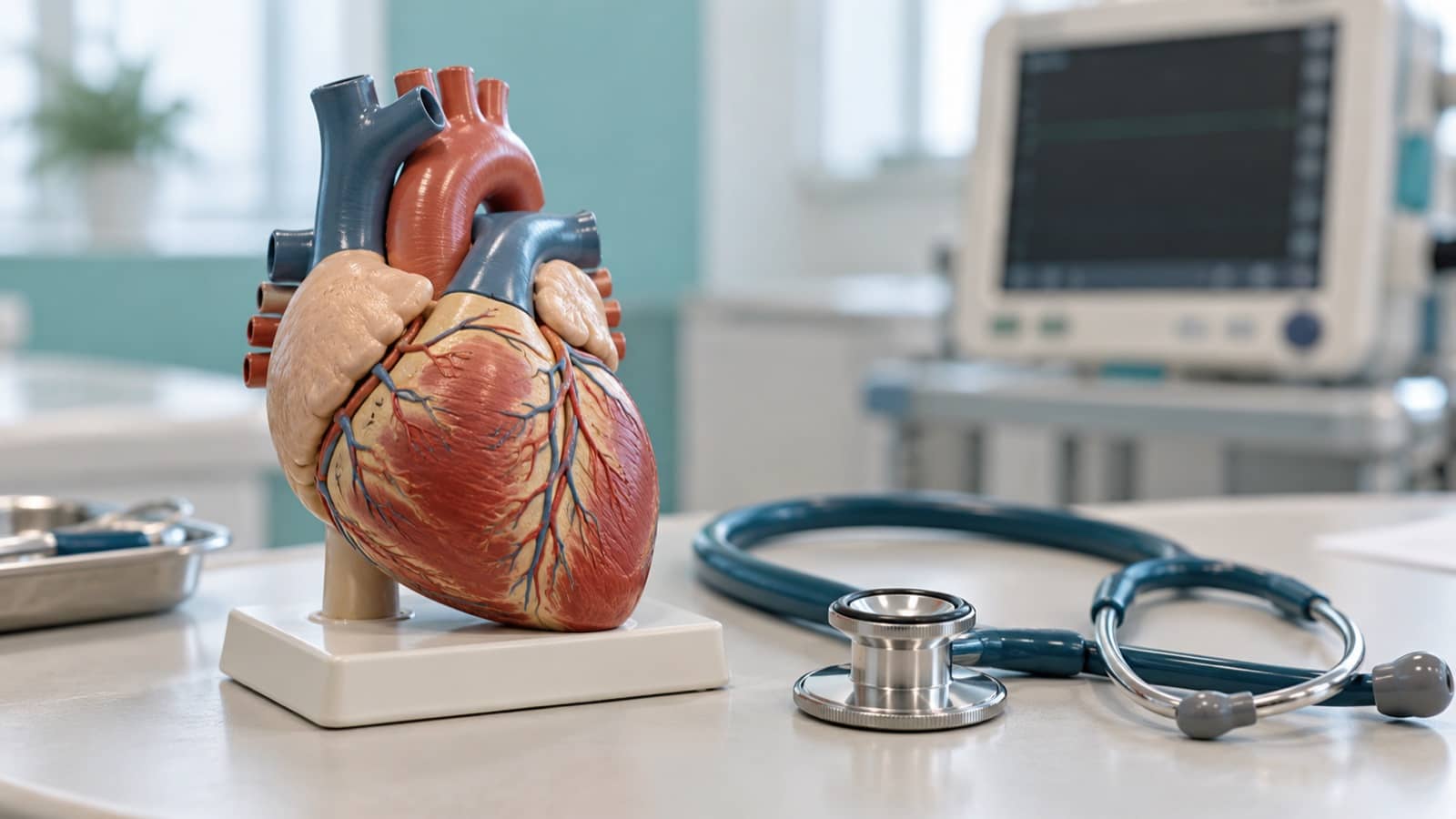 An anatomical heart model and stethoscope on a generic hospital desk