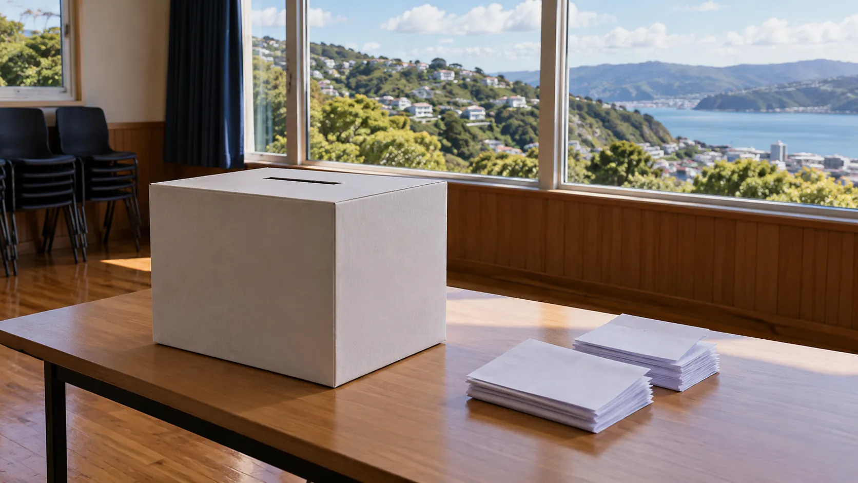 Illustrative unmarked ballot box and blank papers in a community hall overlooking New Zealand-style coastal hills.