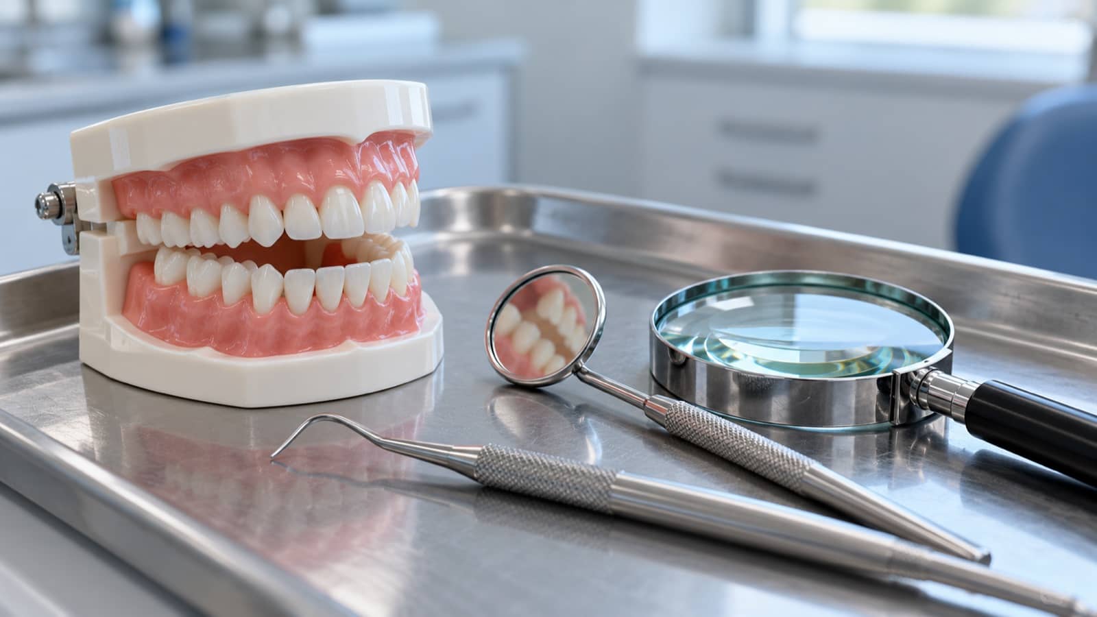 A dental teaching model beside a mirror and magnifying glass