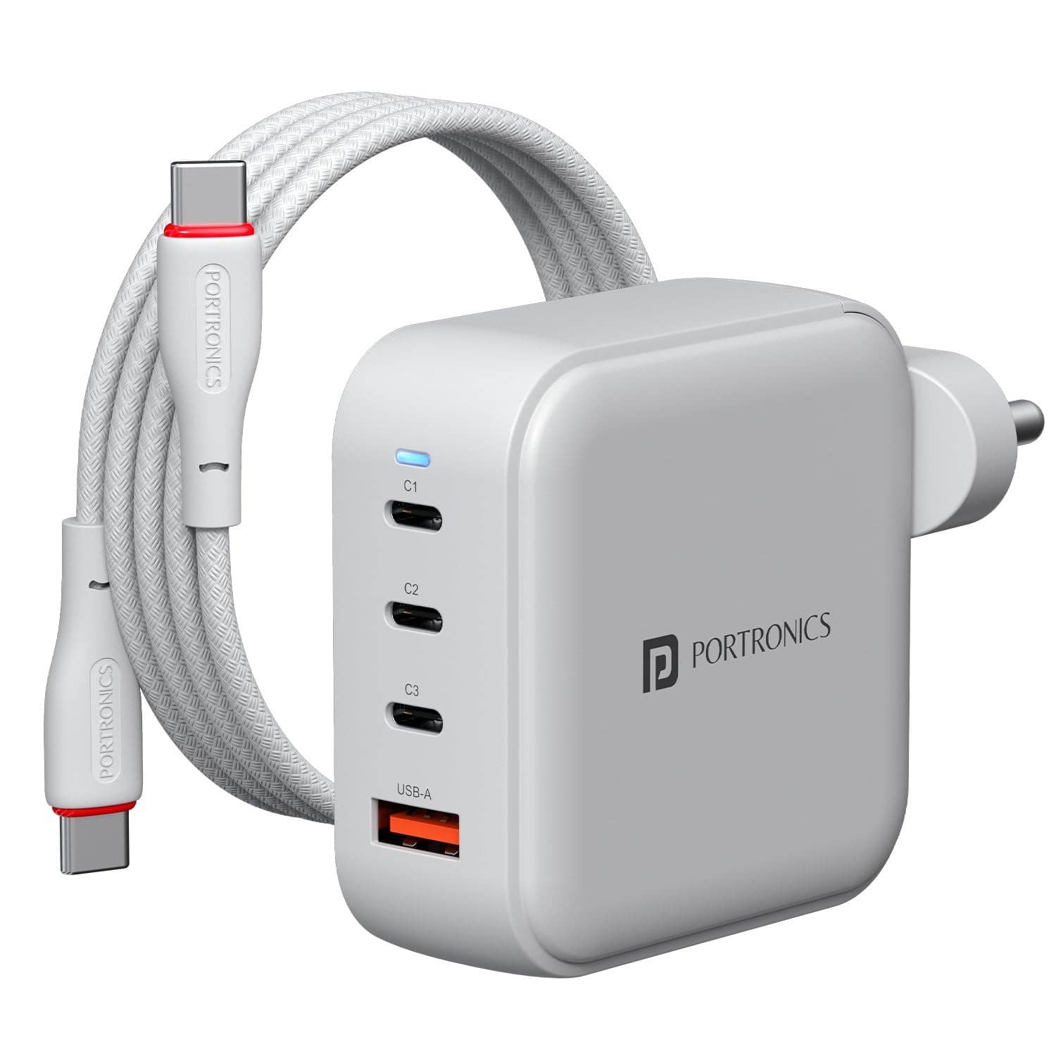 A white Portronics Adapto 100 Pro charger with four ports