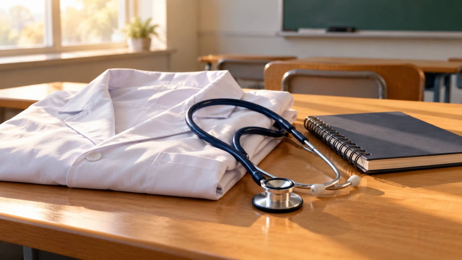 A folded white medical coat, stethoscope and notebook on a classroom desk
