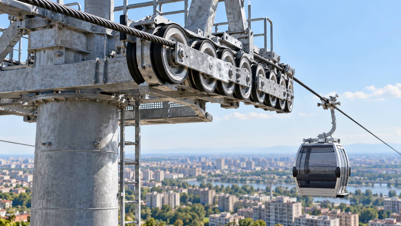 A generic gondola cabin and cable-support assembly above a city