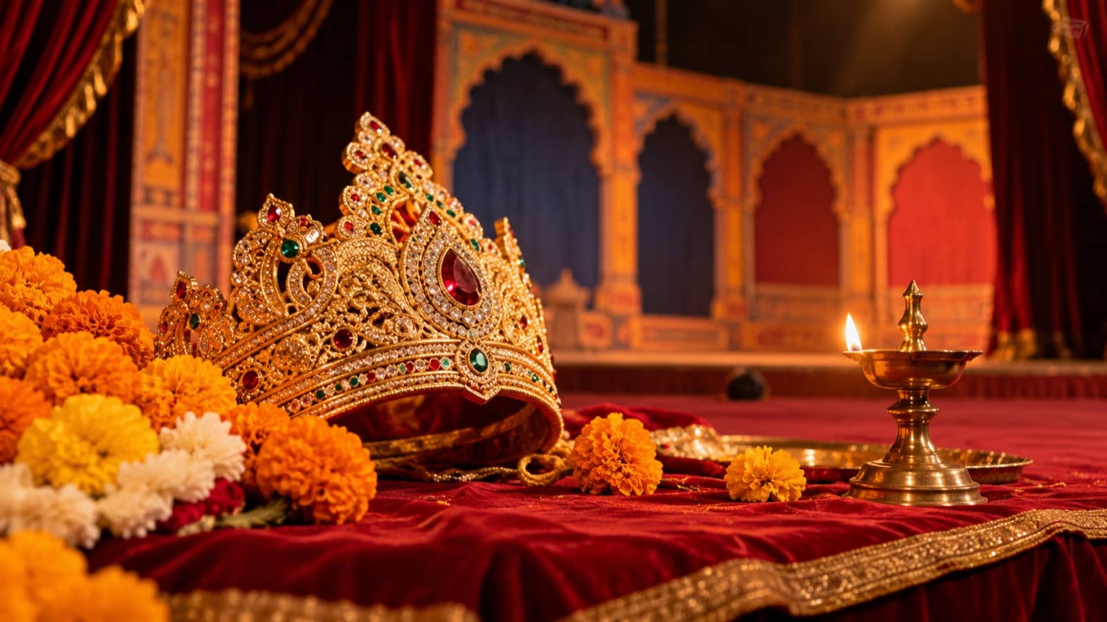 A theatrical crown, marigolds and a brass lamp on an empty stage