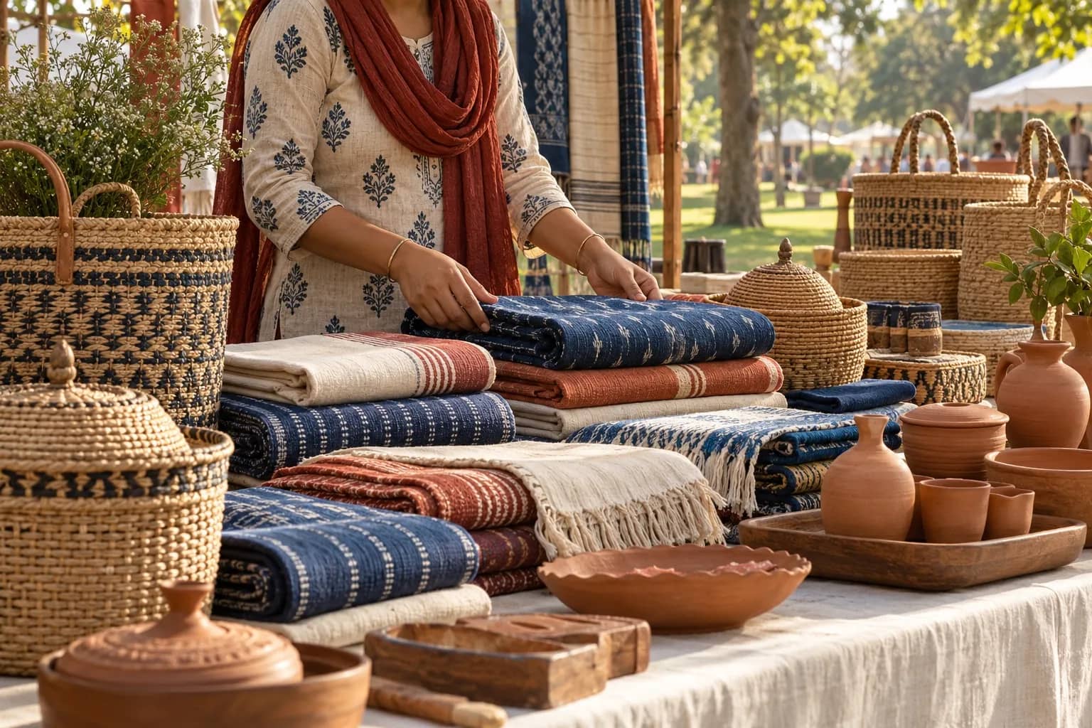 Representational craft stall displaying woven textiles and handmade baskets