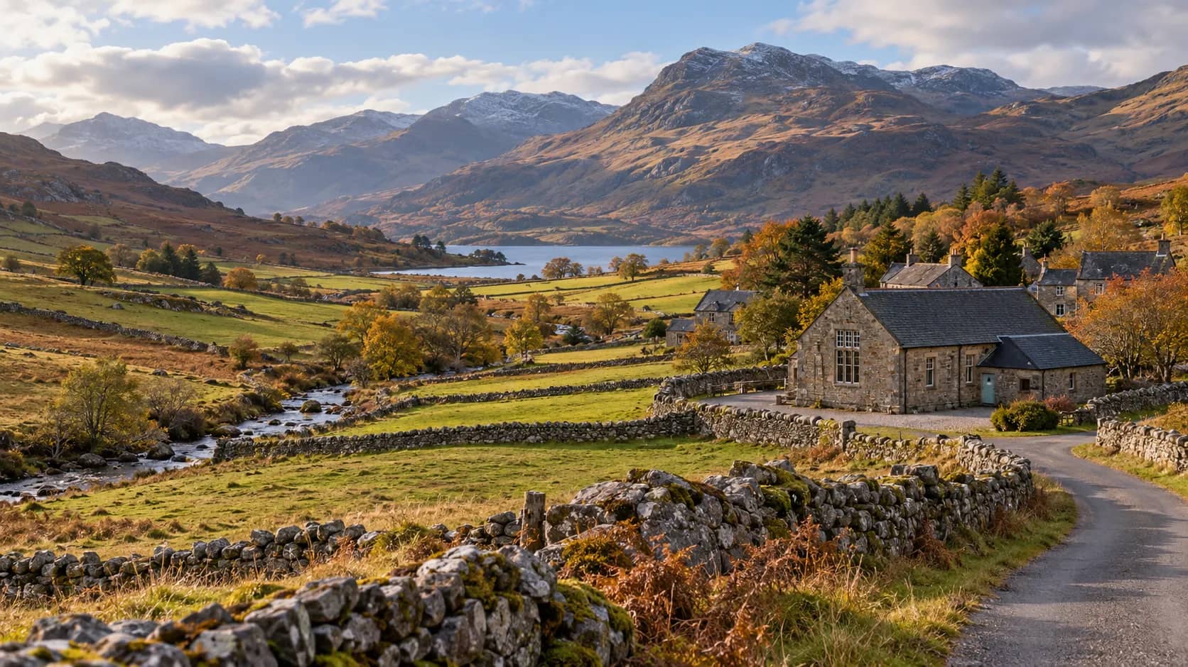 Illustrative Scottish valley with stone-walled fields, a small stone hall, a loch and distant hills.