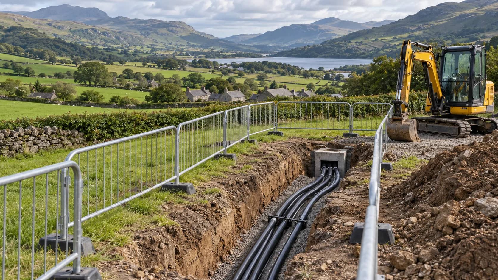 Illustrative cable trench and stationary excavator overlooking stone cottages and hills in rural Wales.