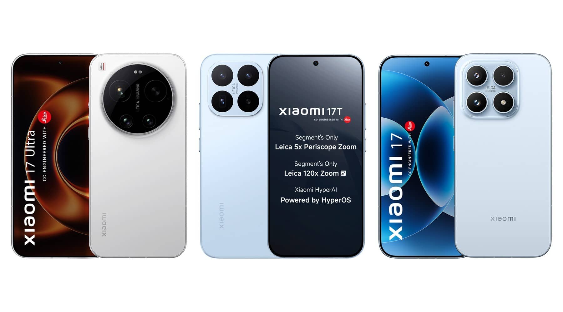 Three Xiaomi phones side by side: a white Xiaomi 17 Ultra with a large round camera, a light blue Xiaomi 17T and a light blue Xiaomi 17