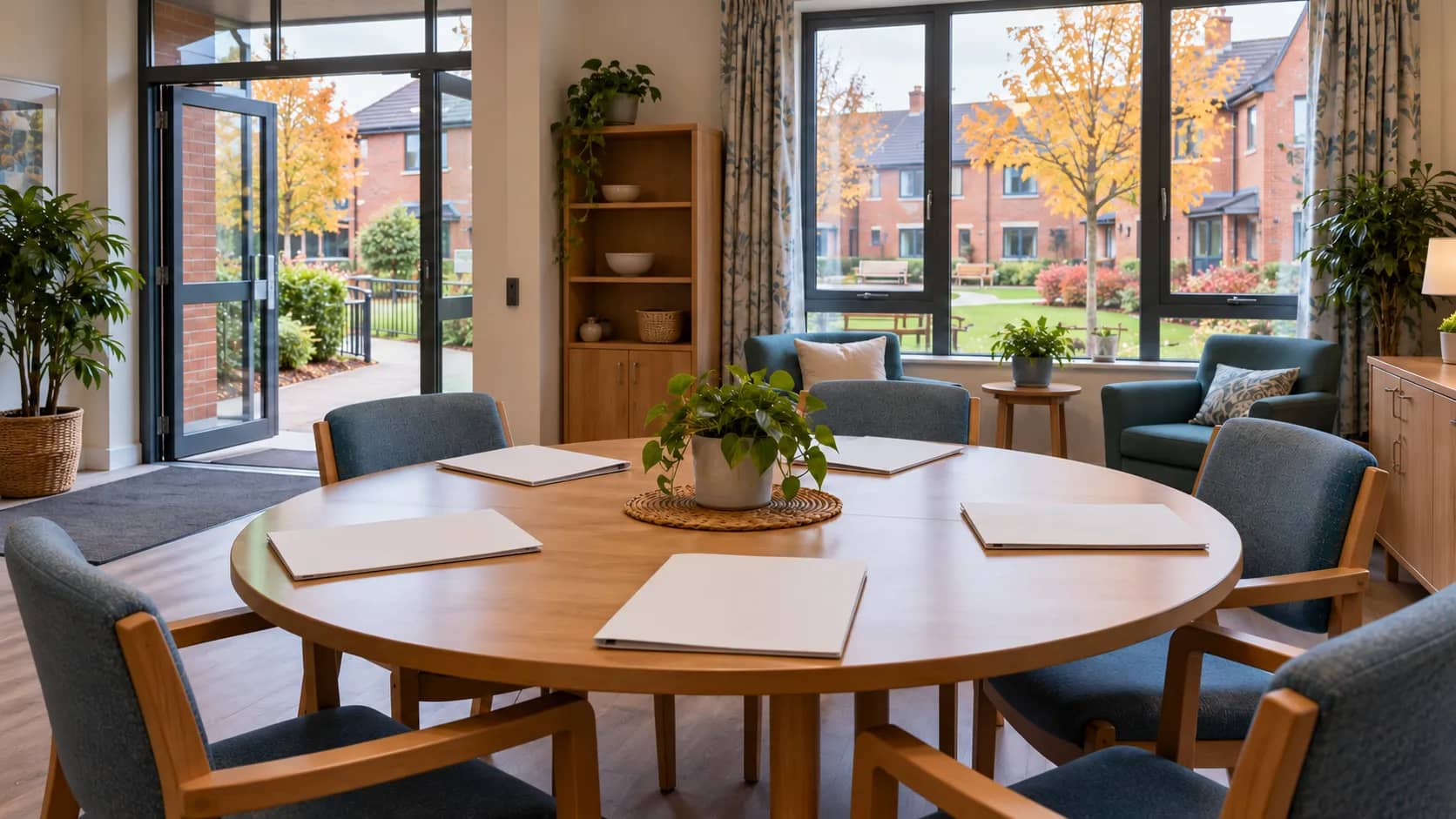Illustrative communal room with empty chairs, blank folders and a view of a red-brick courtyard in England.