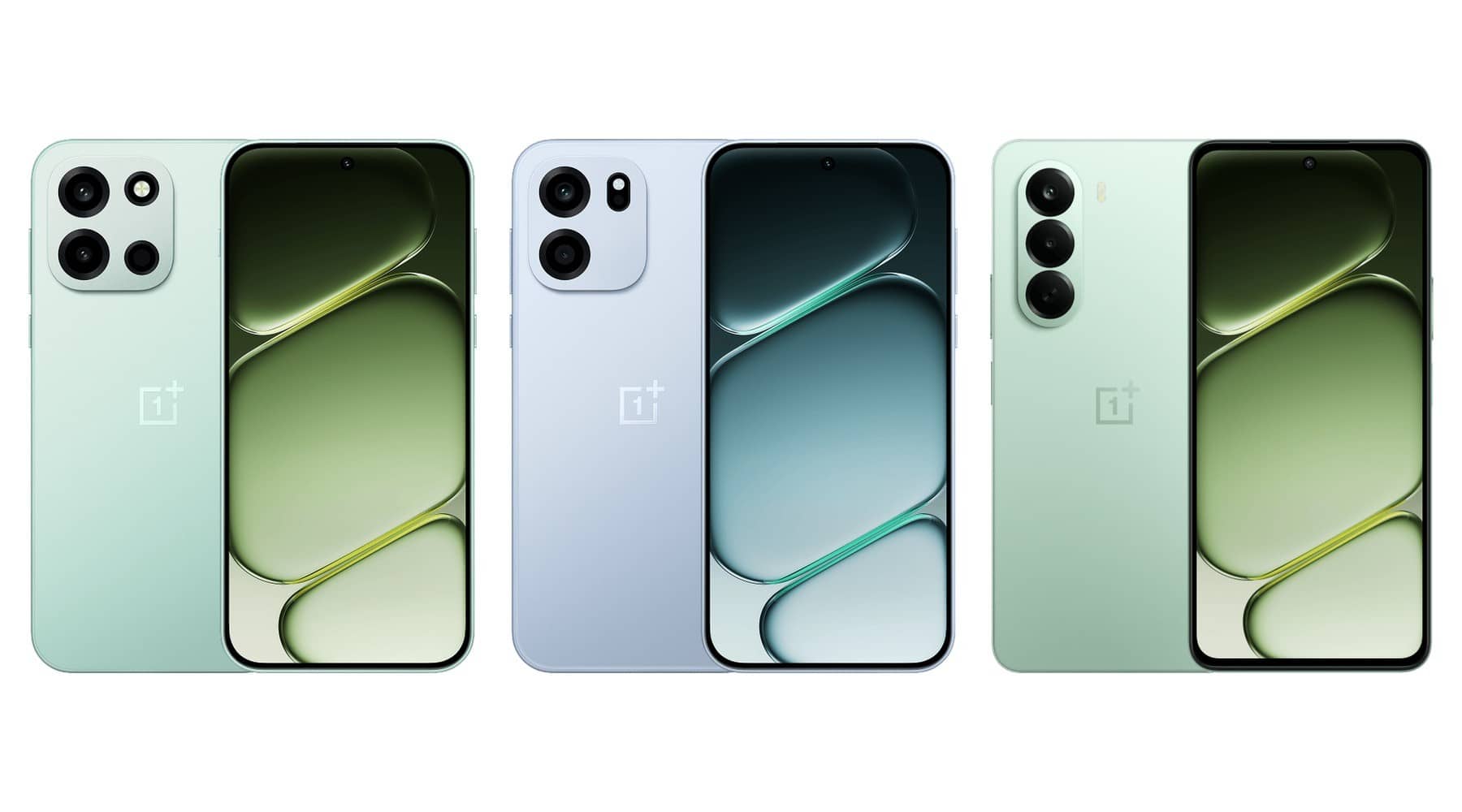 Three mint green OnePlus Nord phones side by side, each showing the back and the front screen