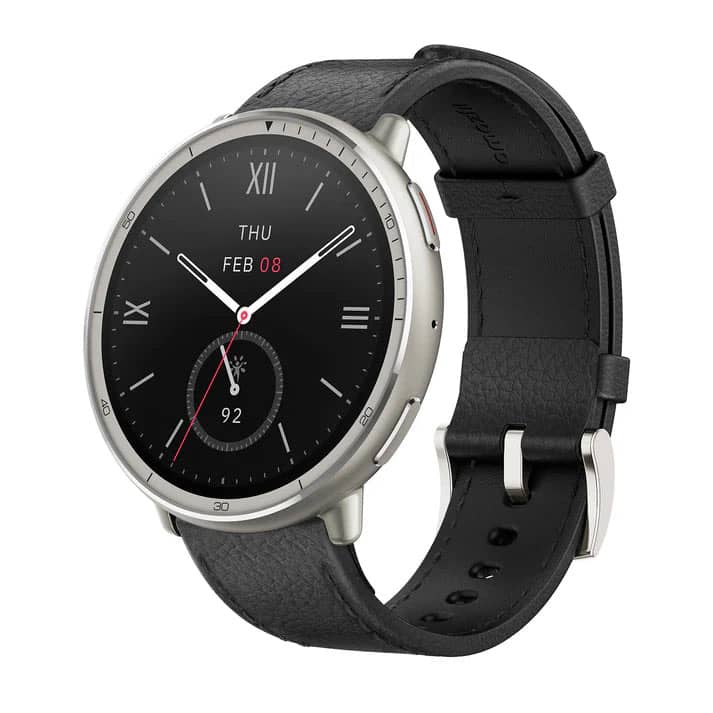 Amazfit Active 2 Round Premium smartwatch with a black leather strap