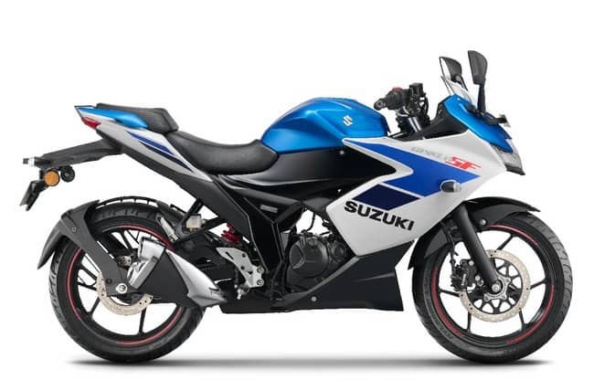 Suzuki Gixxer SF in Metallic Triton Blue and Pearl Glacier White
