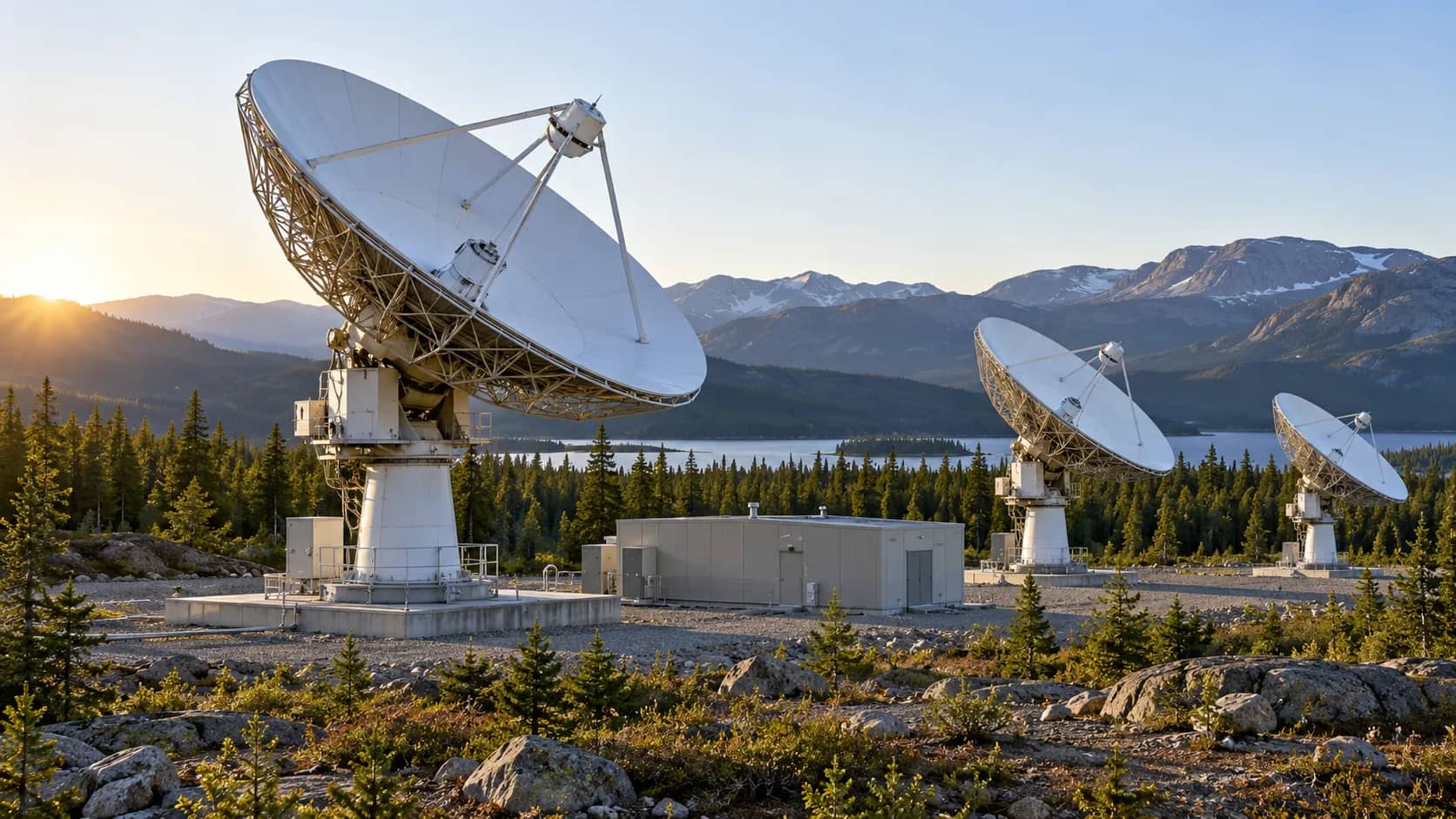 Illustrative satellite ground antennas beside a small equipment building, conifer forest and mountains in Canada.