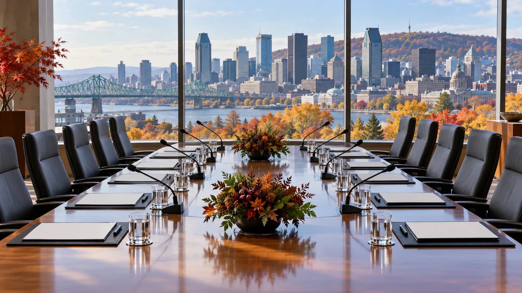 Illustration of an empty conference table with microphones and blank folders overlooking Montreal in autumn.