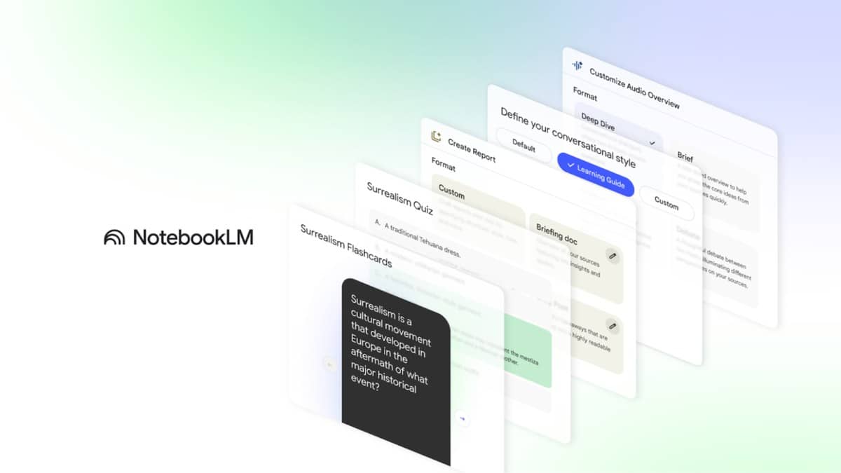 The NotebookLM logo appears beside stacked panels showing flashcards, a quiz, reports, Learning Guide and audio settings.