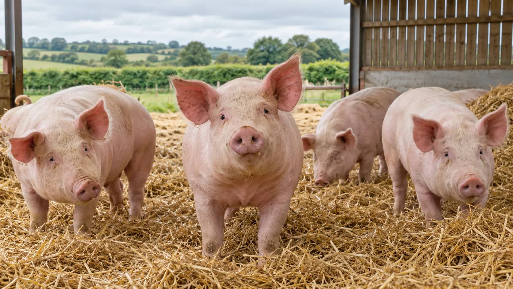 Illustration of pigs standing on straw in an open farm shelter overlooking green countryside.