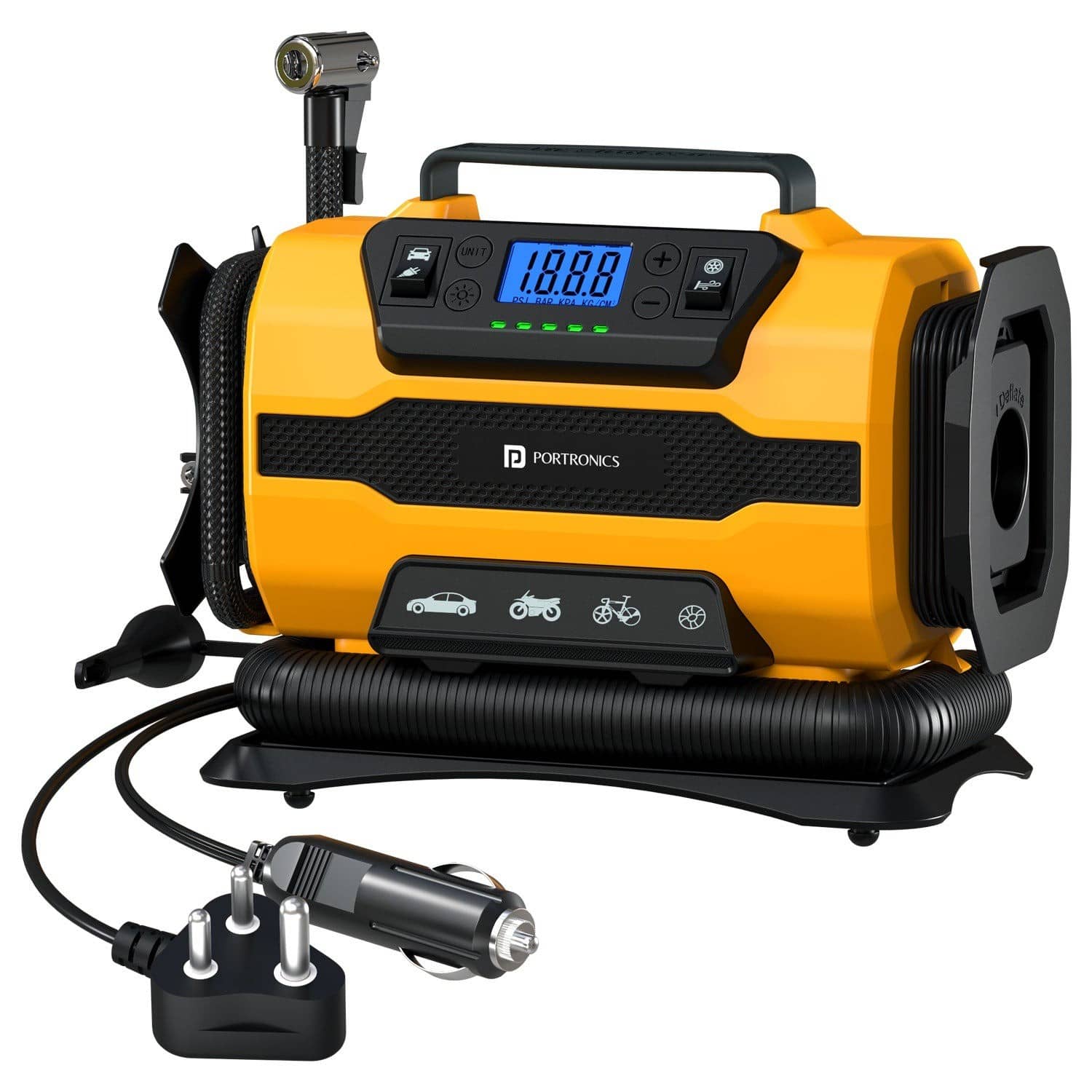 A Portronics Vayu Hybrid tyre inflator in yellow and black with its power cables and nozzle attachments