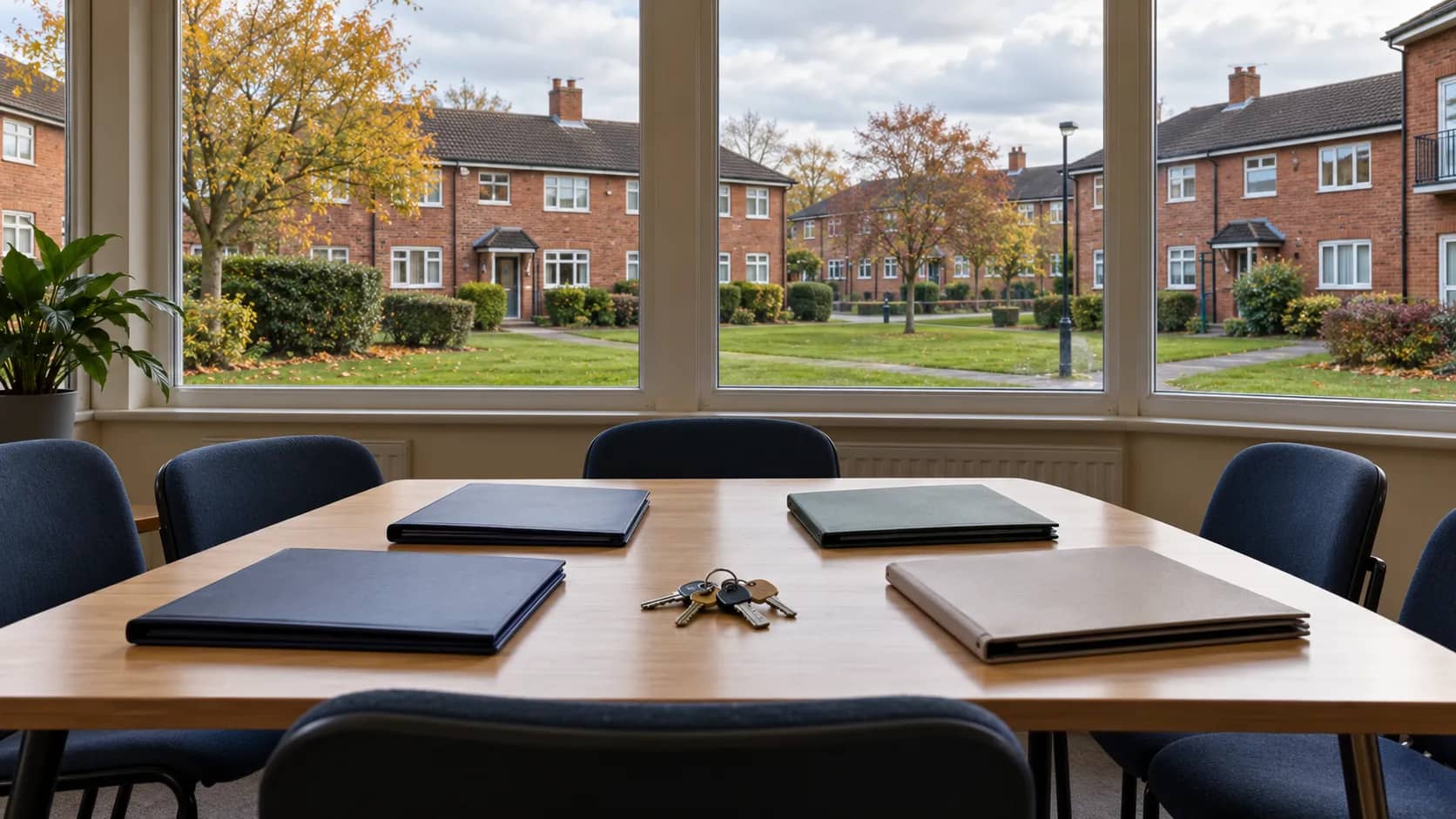 Illustration of an empty meeting room with folders and keys, overlooking red-brick housing and a shared lawn.