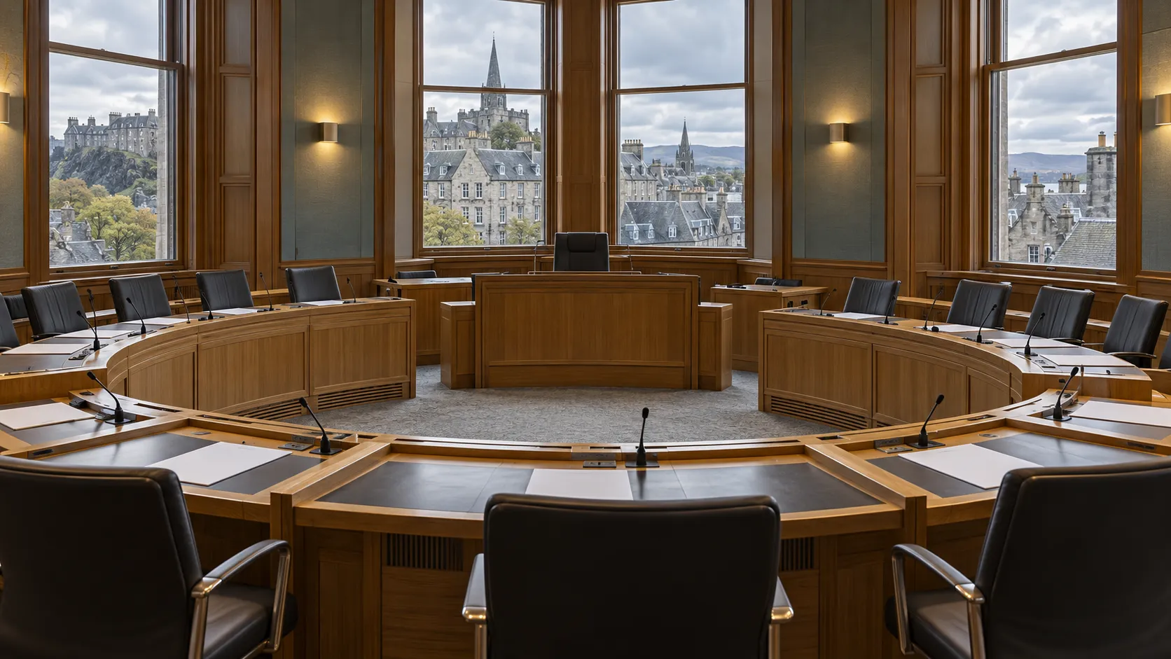 Illustration of an empty wood-panelled council chamber with desks and chairs, overlooking grey stone buildings.