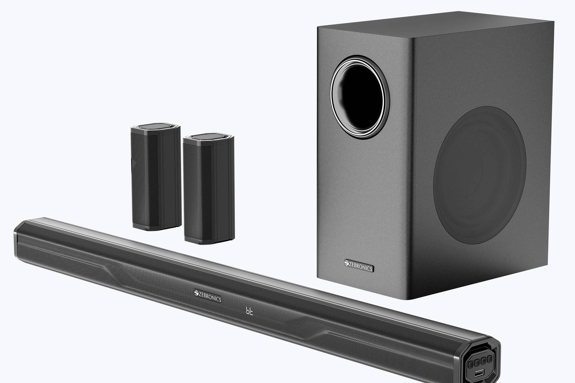 A Zebronics Juke Bar 700 soundbar with a subwoofer and two satellite speakers
