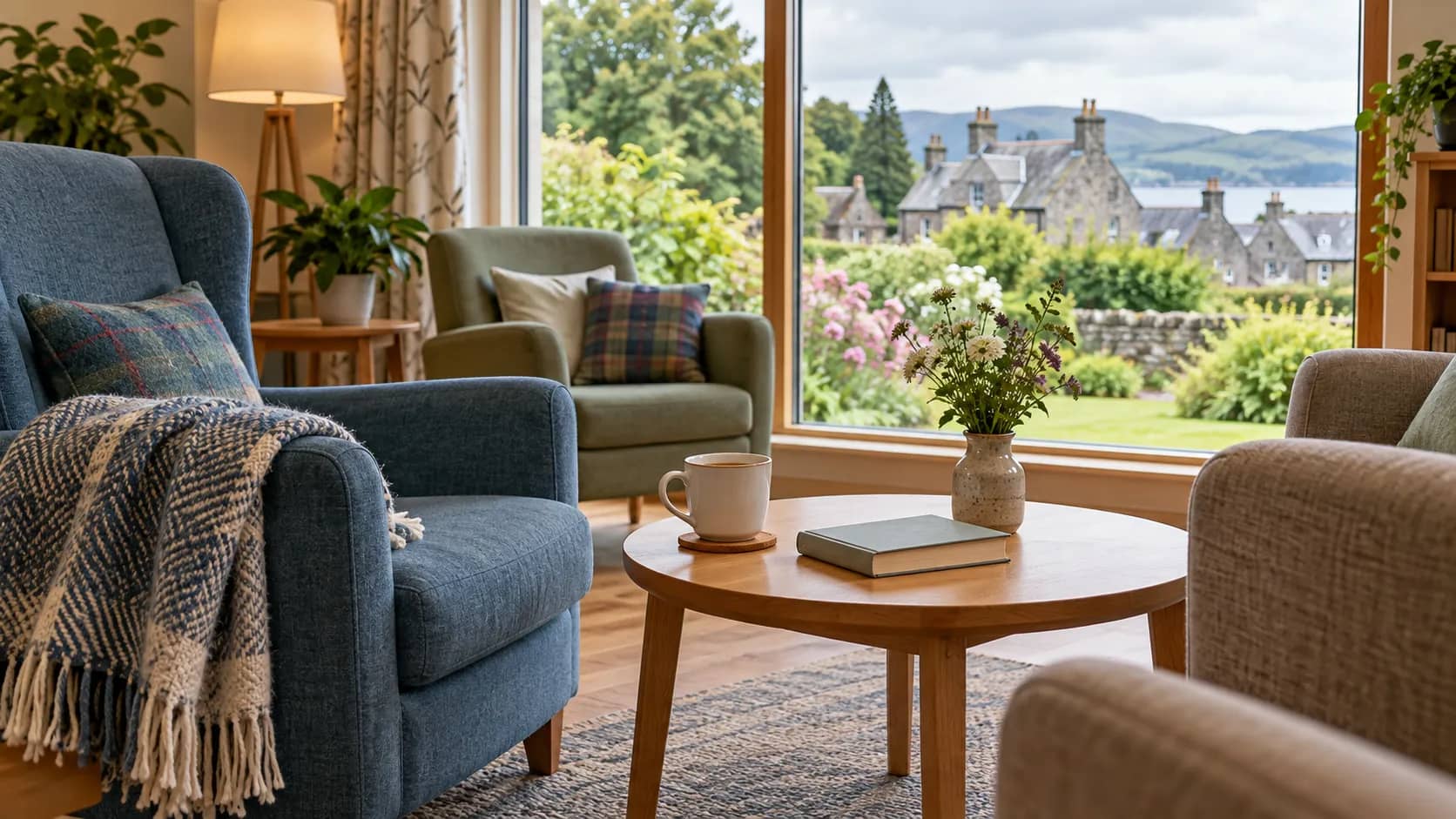 Illustration of empty armchairs with a blanket, cup and book beside a window overlooking a garden and stone houses.