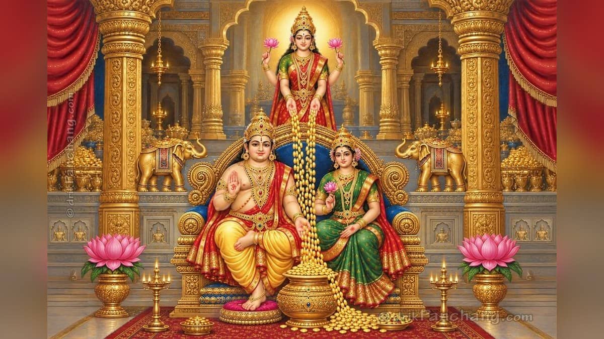 धनतेरस पर महालक्ष्मी और कुबेर की पूजा को दर्शाता दृक पंचांग का चित्र।