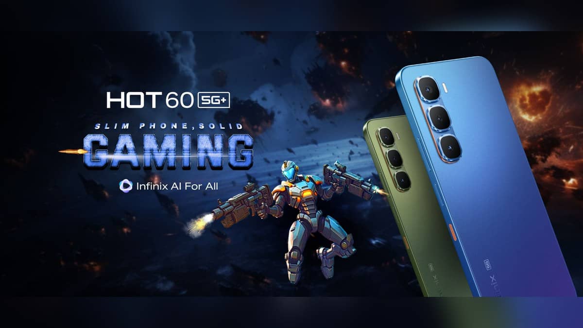 Landscape Infinix Hot 60 5G+ hero showing blue and green phones beside a gaming character