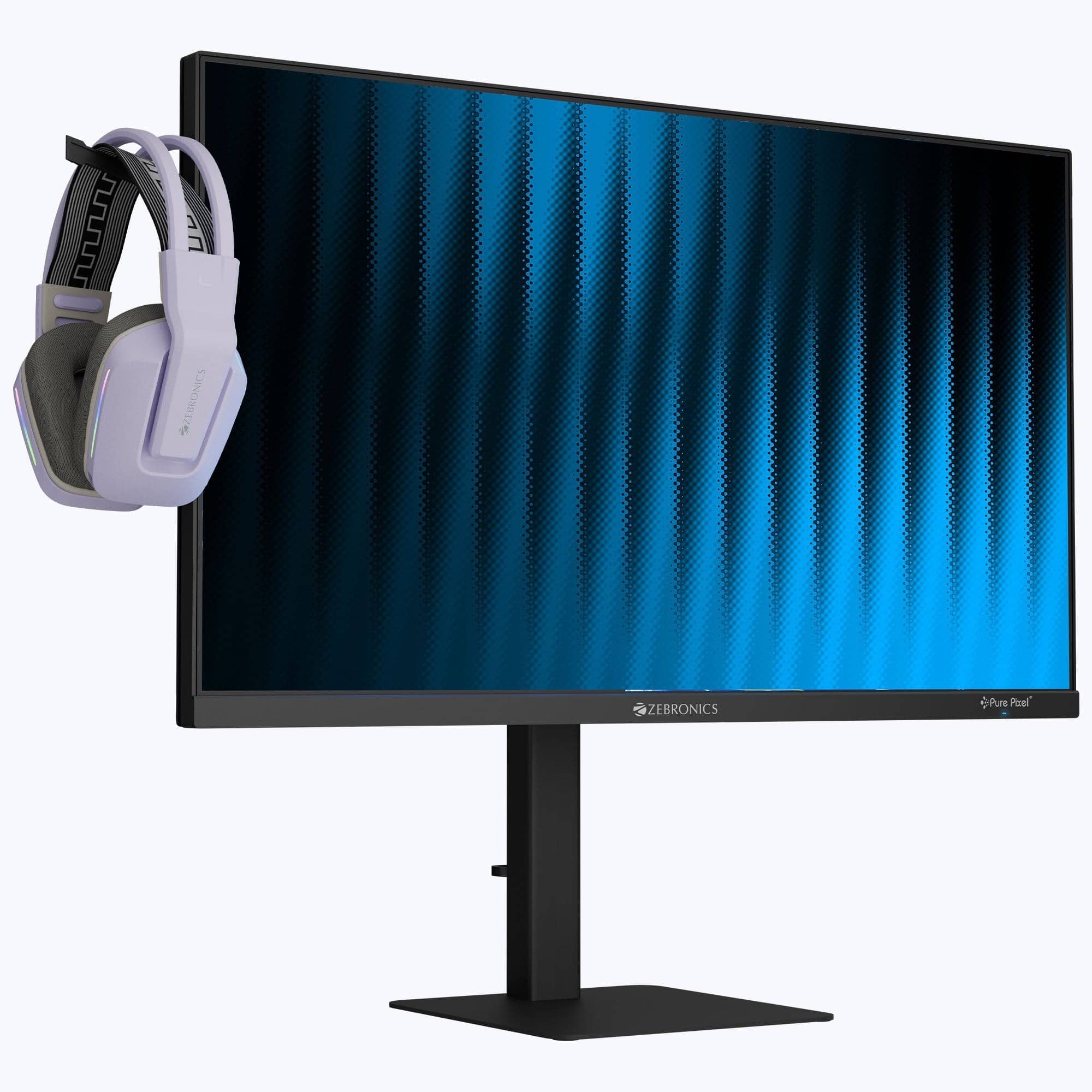 A black Zebronics S27A monitor on a height-adjustable stand with a headphone hanging from its side