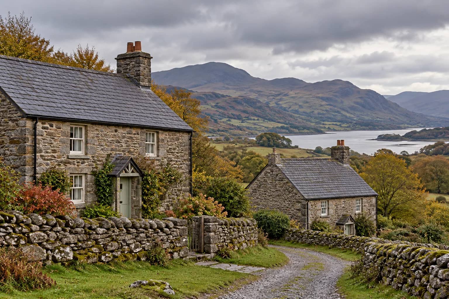 Illustration of stone cottages with slate roofs and a gravel path in Welsh countryside.