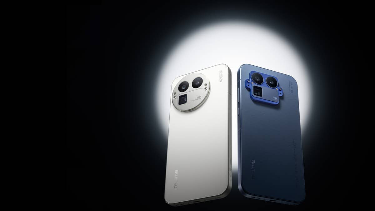Official landscape image showing white and blue realme GT 8 Pro phones from the rear