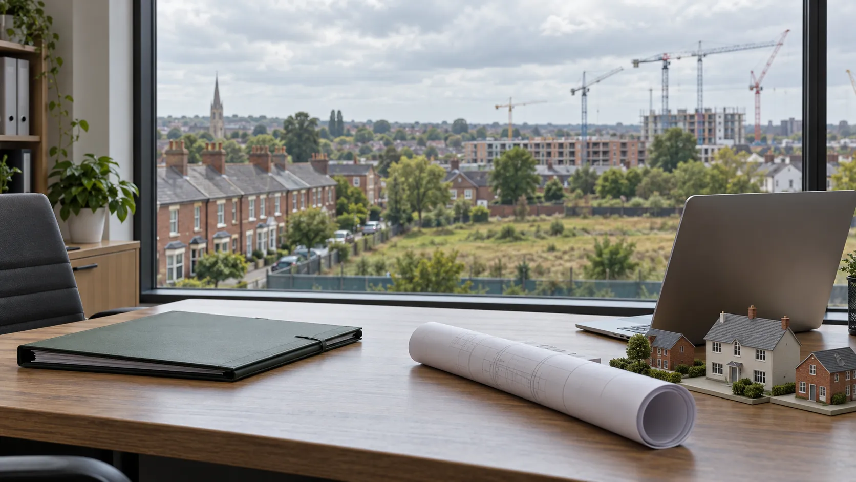Illustration of a folder, rolled plan and model houses on an office desk overlooking English housing and a building site.