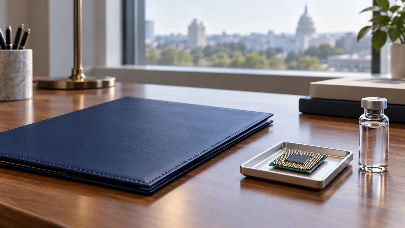 Illustration of a blank folder, microchip and laboratory vial on a desk with Washington buildings in the distance.