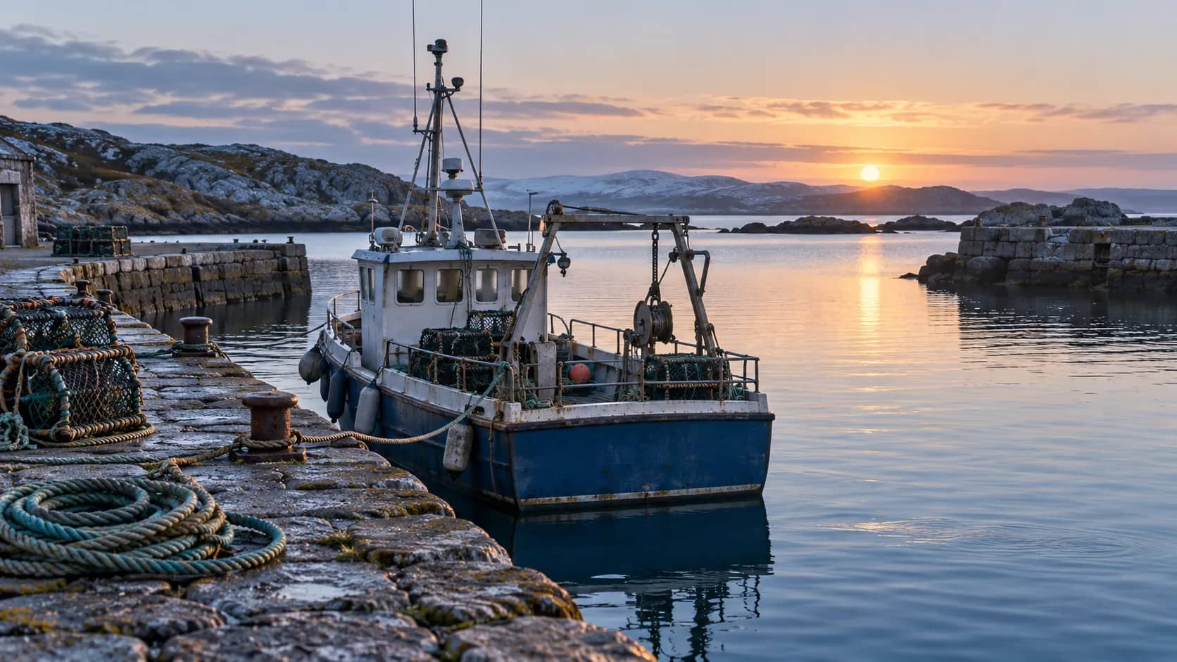 Illustration of a fishing vessel moored beside ropes and pots at a northern European harbour.