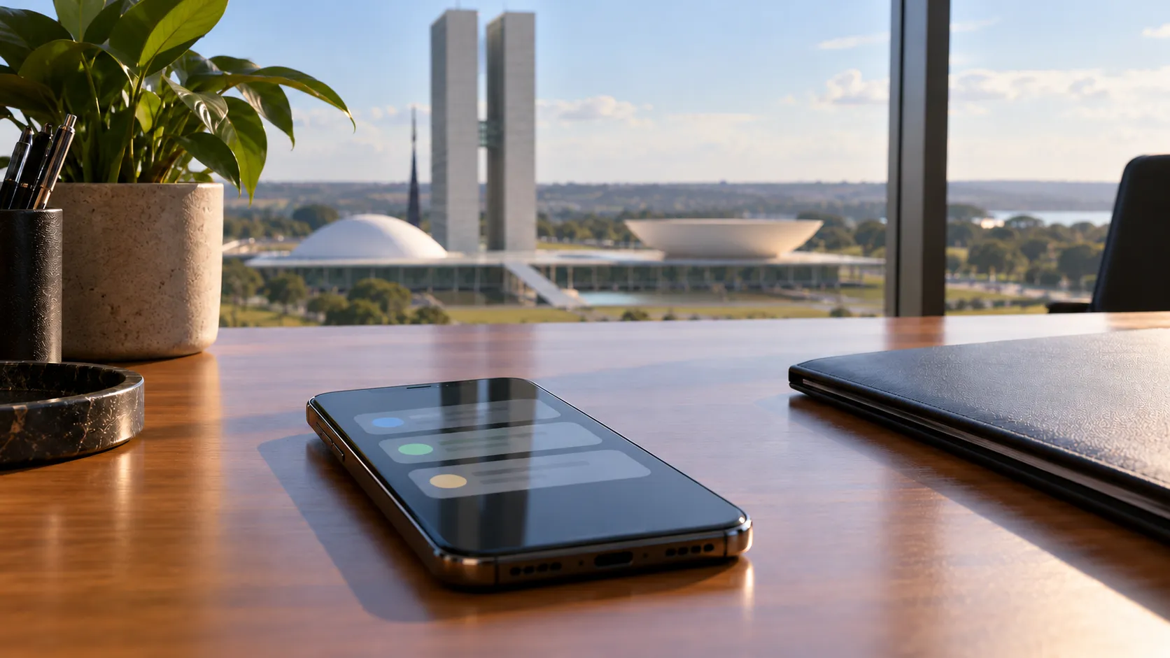 Illustration of a smartphone with abstract notification shapes and a plain folder on a desk overlooking modernist buildings in Brasilia.