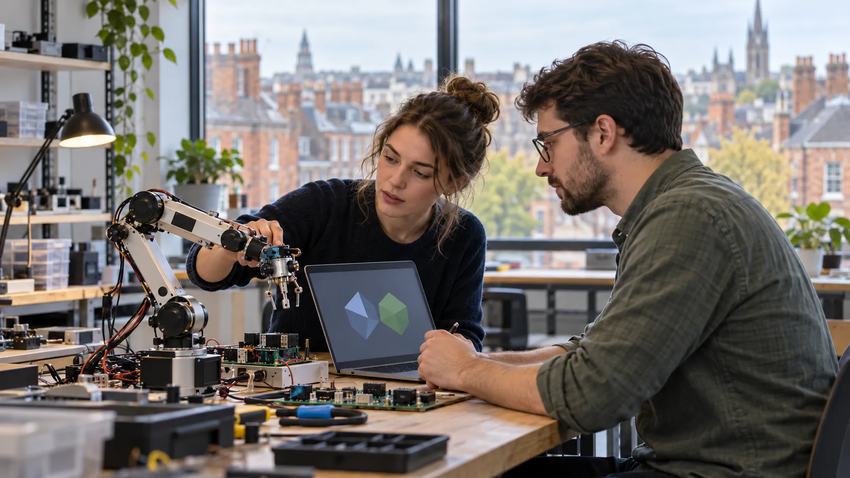 Illustration of two adult engineers working on a robotic arm beside a laptop and circuit boards in a British city workshop.