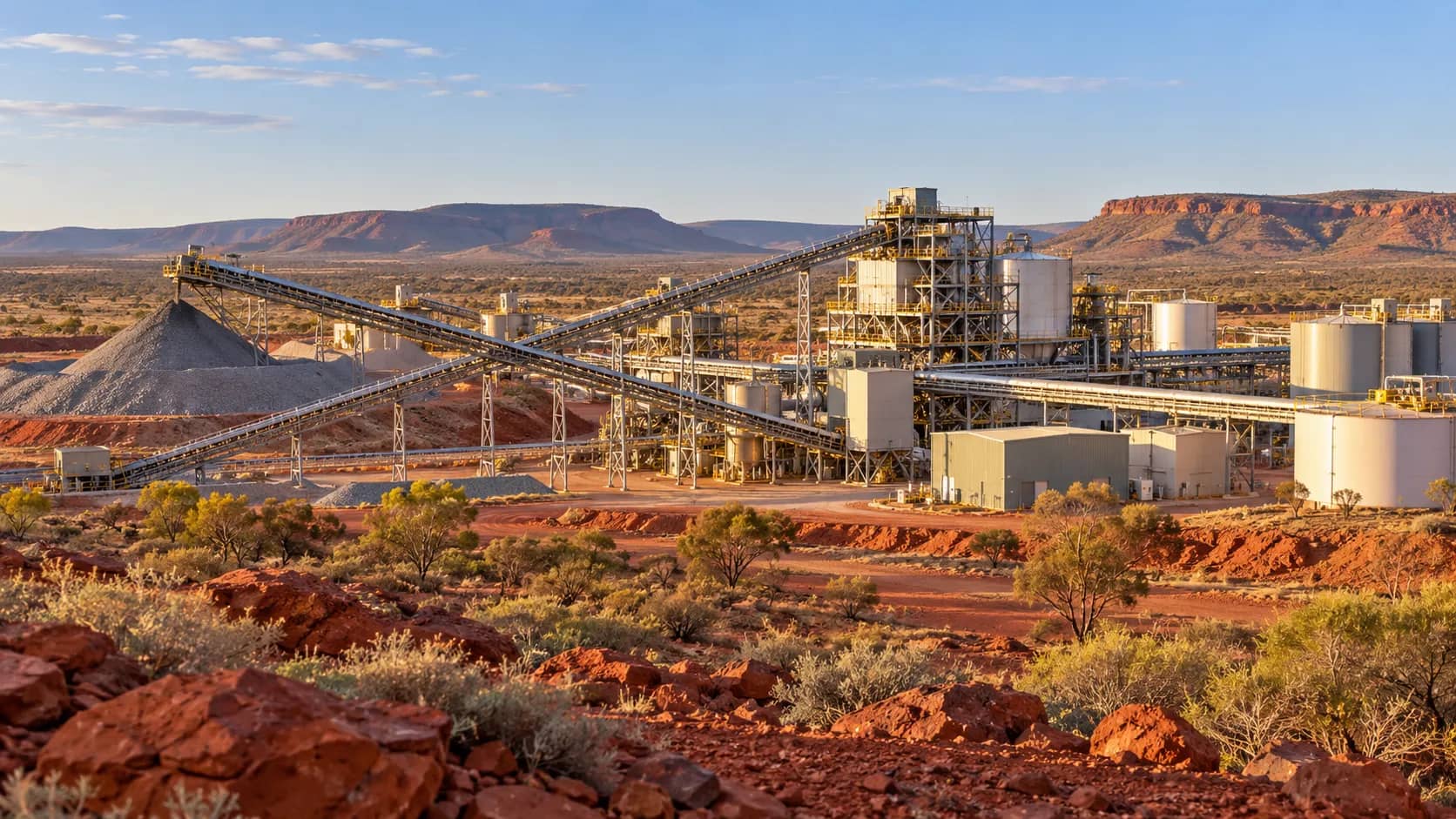 Mineral processing conveyors and tanks amid red earth and sparse vegetation in an illustrative Australian landscape.
