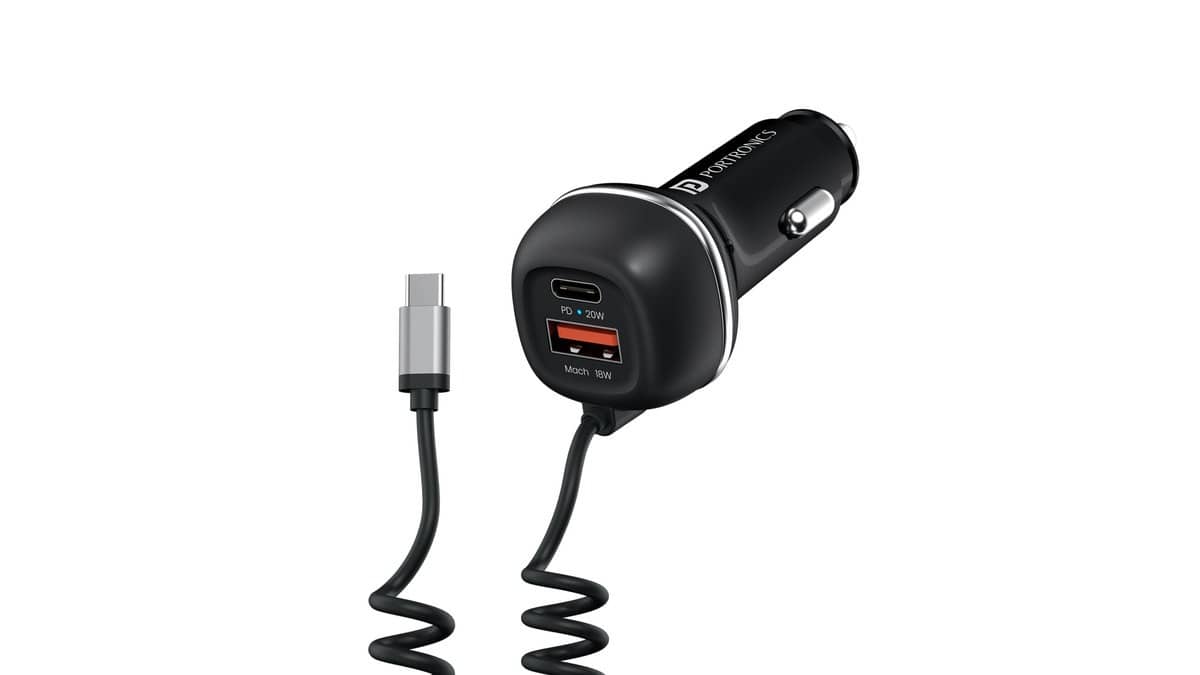 Black Portronics Car Power 1C car charger with a coiled Type-C cable attached
