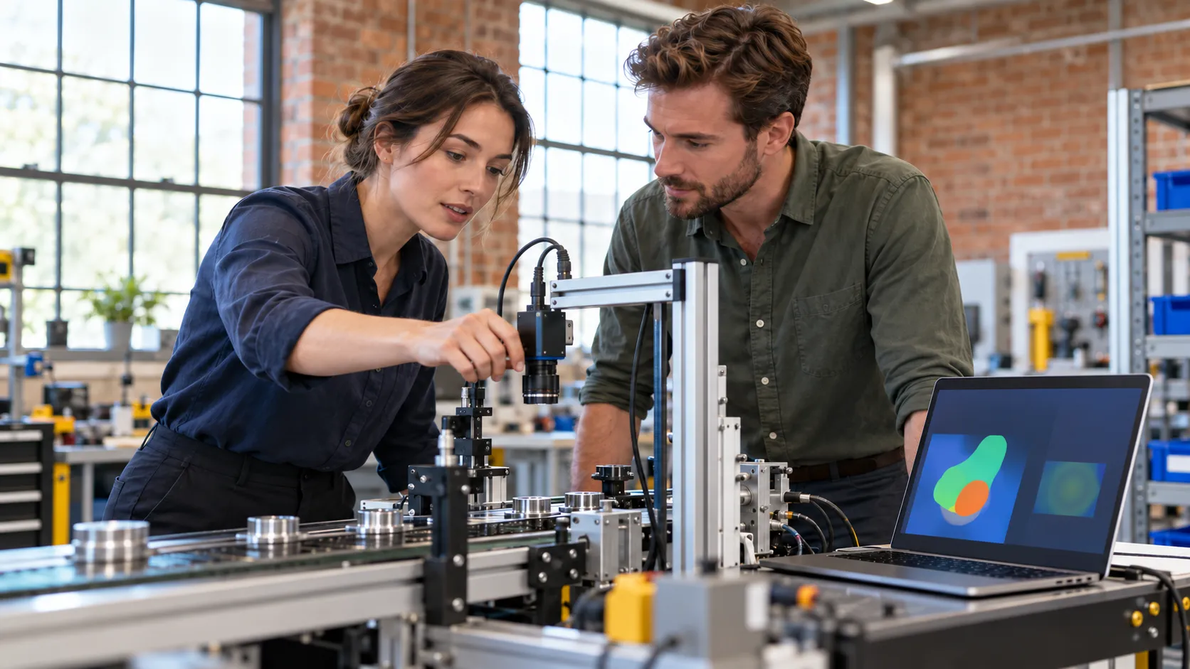 Two adult engineers inspect a camera sensor beside a laptop in an illustrative British workshop.