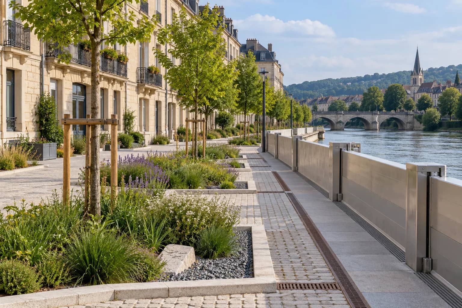A riverside walkway with flood barriers, trees and planted drainage beds beside European-style buildings.