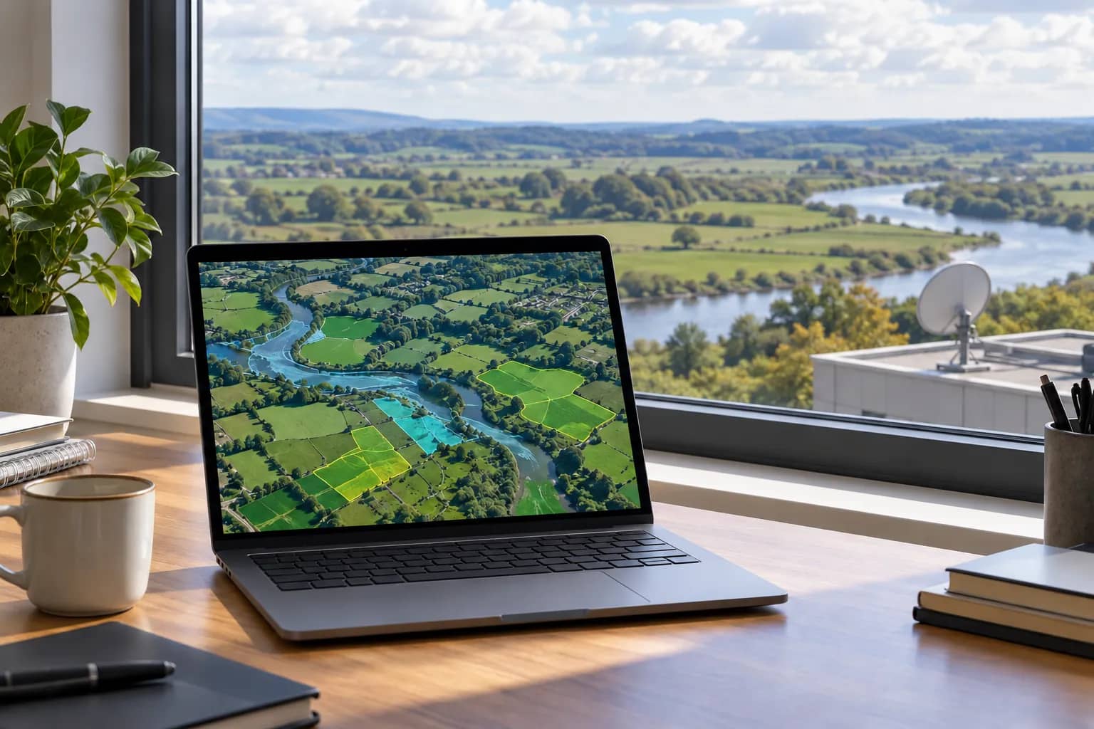 A laptop showing a text-free aerial landscape, with a rooftop satellite dish and fields beside a river outside.