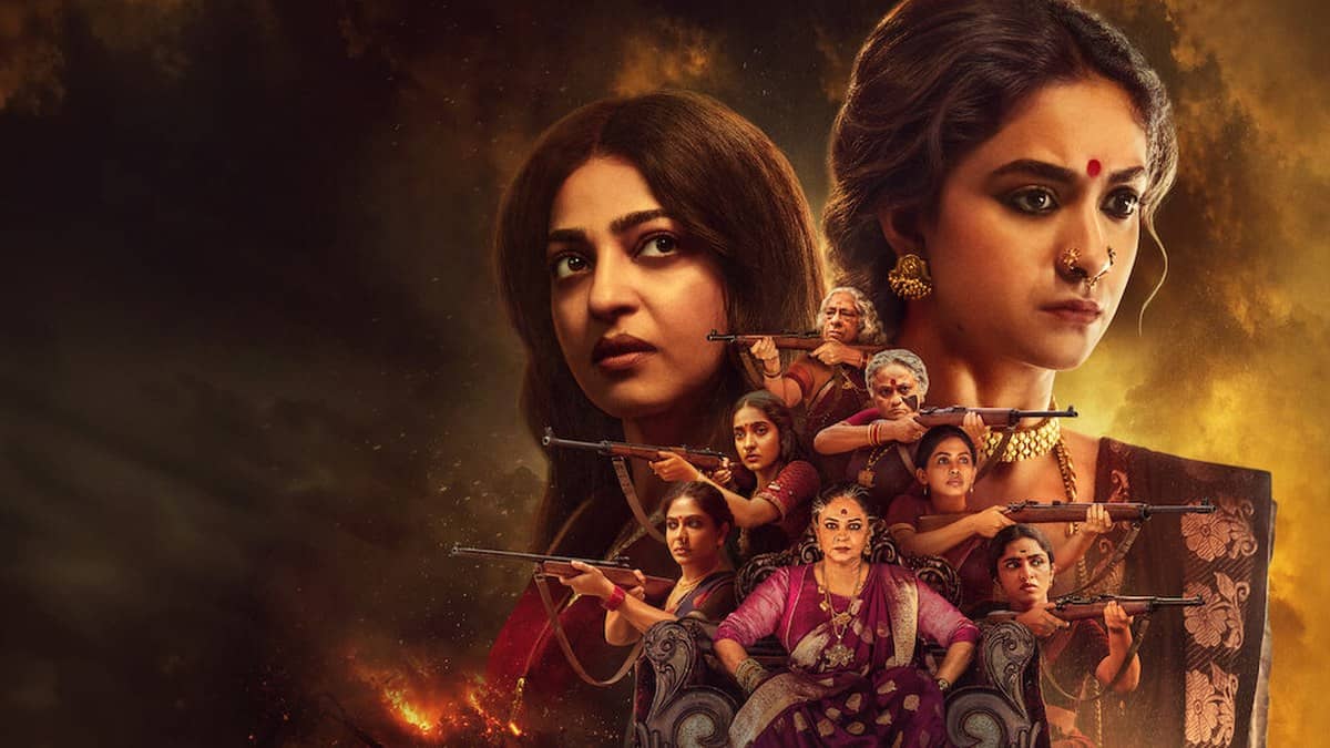 Akka promotional artwork shows Keerthy Suresh, Radhika Apte and an ensemble of women carrying rifles.