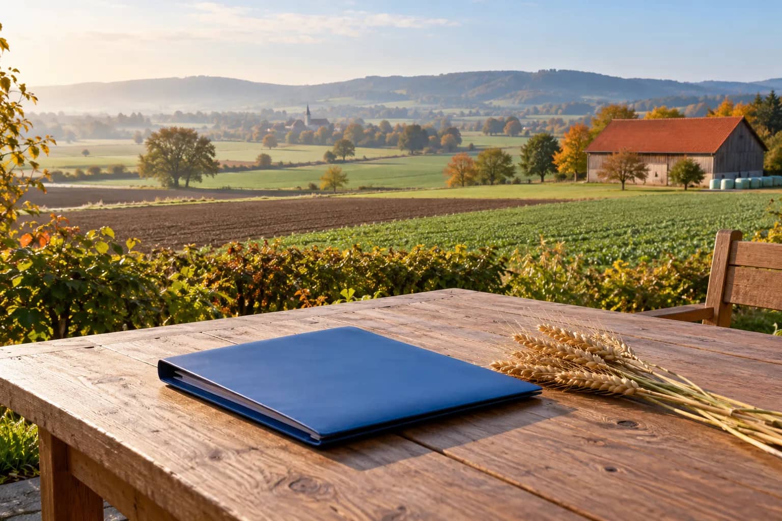 A plain blue folder and wheat on a wooden table overlooking crop fields and a red-roofed barn in a European rural landscape.