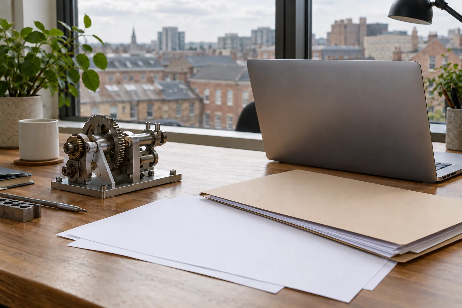 Mechanical prototype, blank papers and a laptop on a desk overlooking British office buildings.