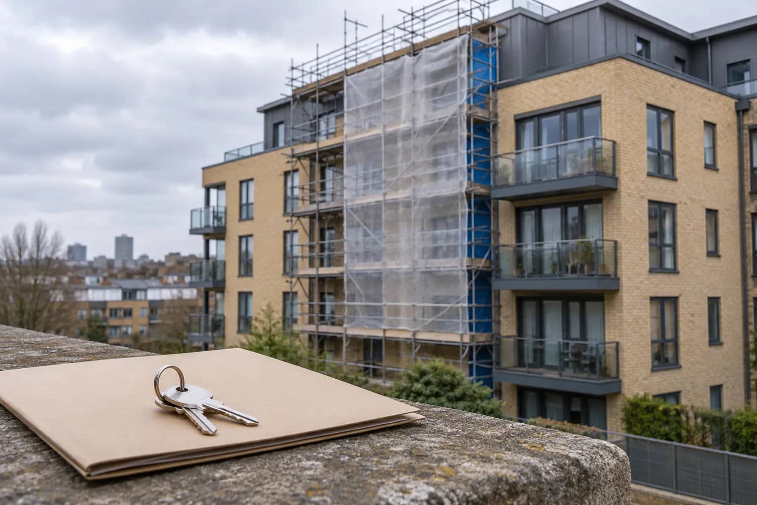 House keys on a plain folder in front of an apartment building partly covered by scaffolding.