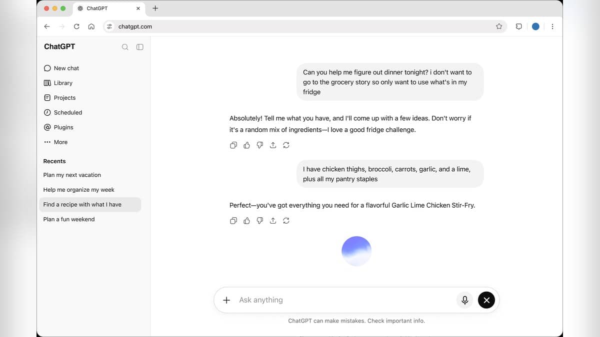 ChatGPT displays a dinner planning conversation that supplies ingredients and asks for a recipe.