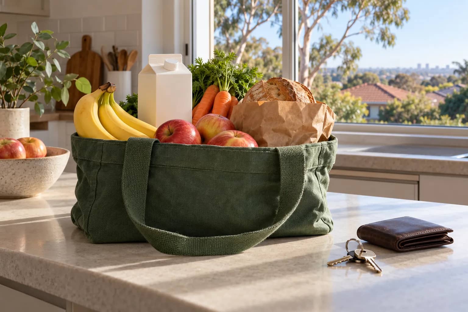 A grocery bag with fruit, vegetables, bread and a plain milk carton beside keys and a wallet on a kitchen counter.