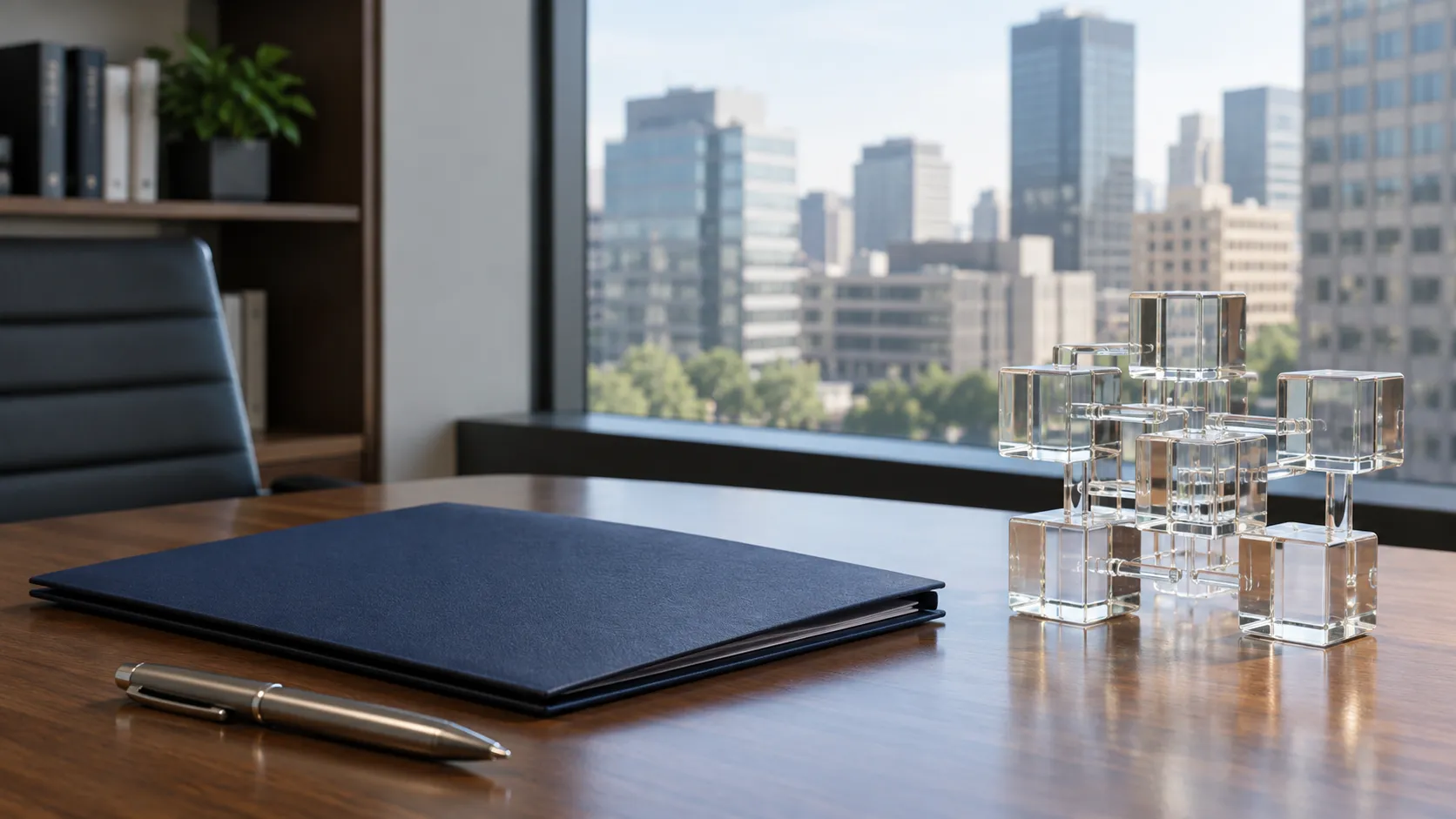 A blank navy folder and pen beside linked glass blocks on an office desk overlooking city buildings.