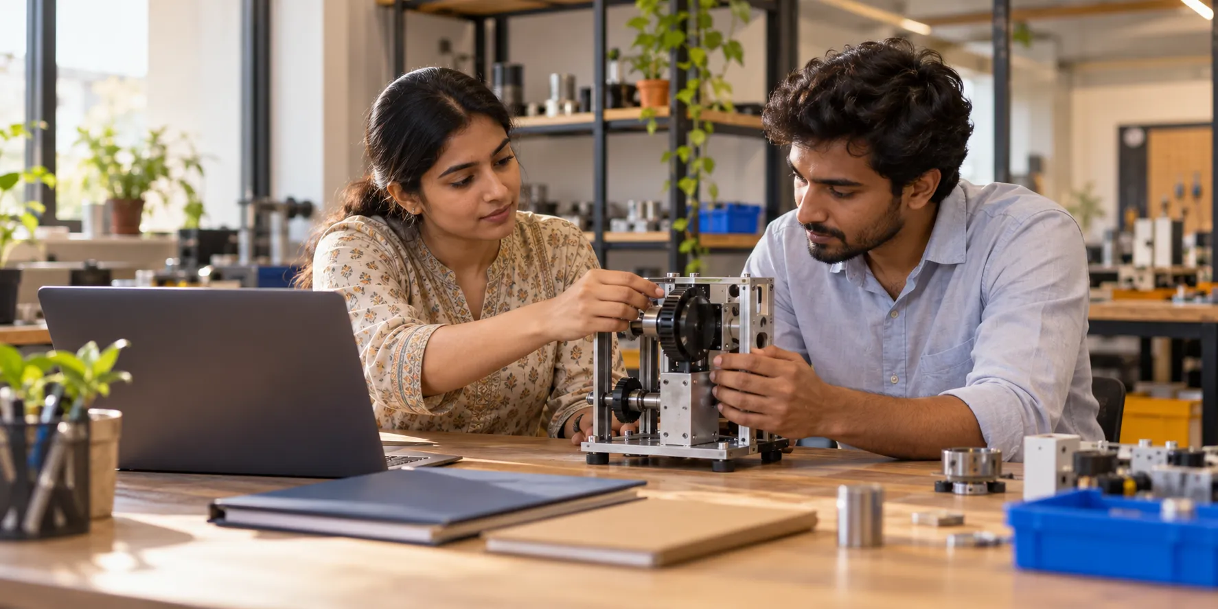 Two adults examine a small mechanical prototype beside a laptop and closed folders in a workshop.