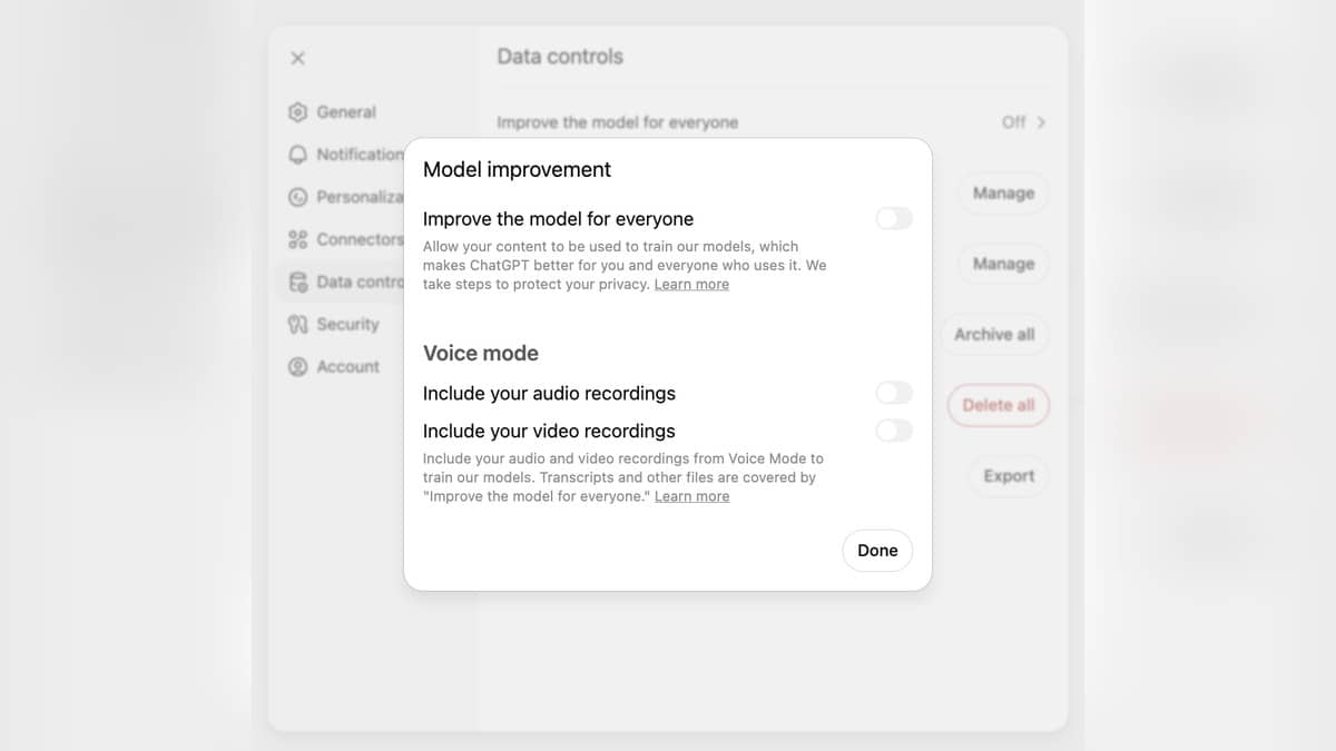 ChatGPT settings show the model improvement control switched off in the Data controls window.
